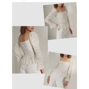 Aritzia Wilfred Fable Milkmaid Blouse White XXS Ruched Lace Peplum boho peasant